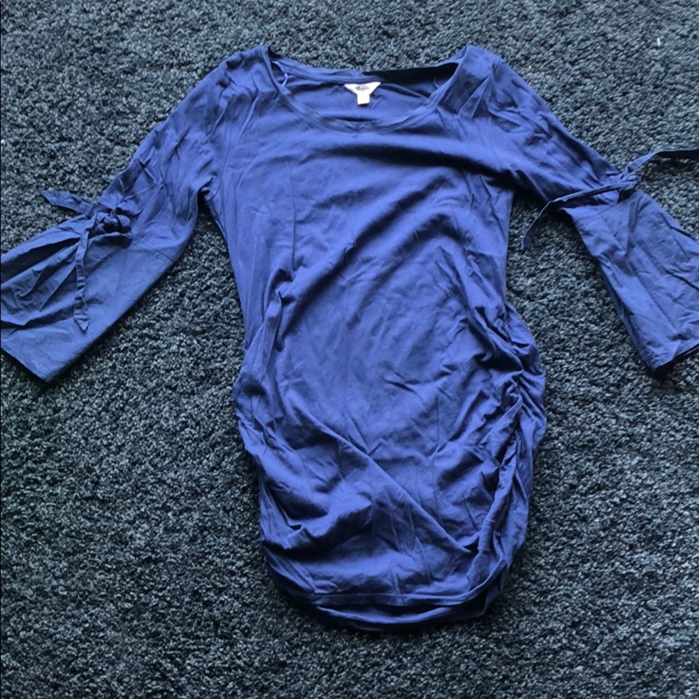 Flattering blue maternity blouse with bell sleeves